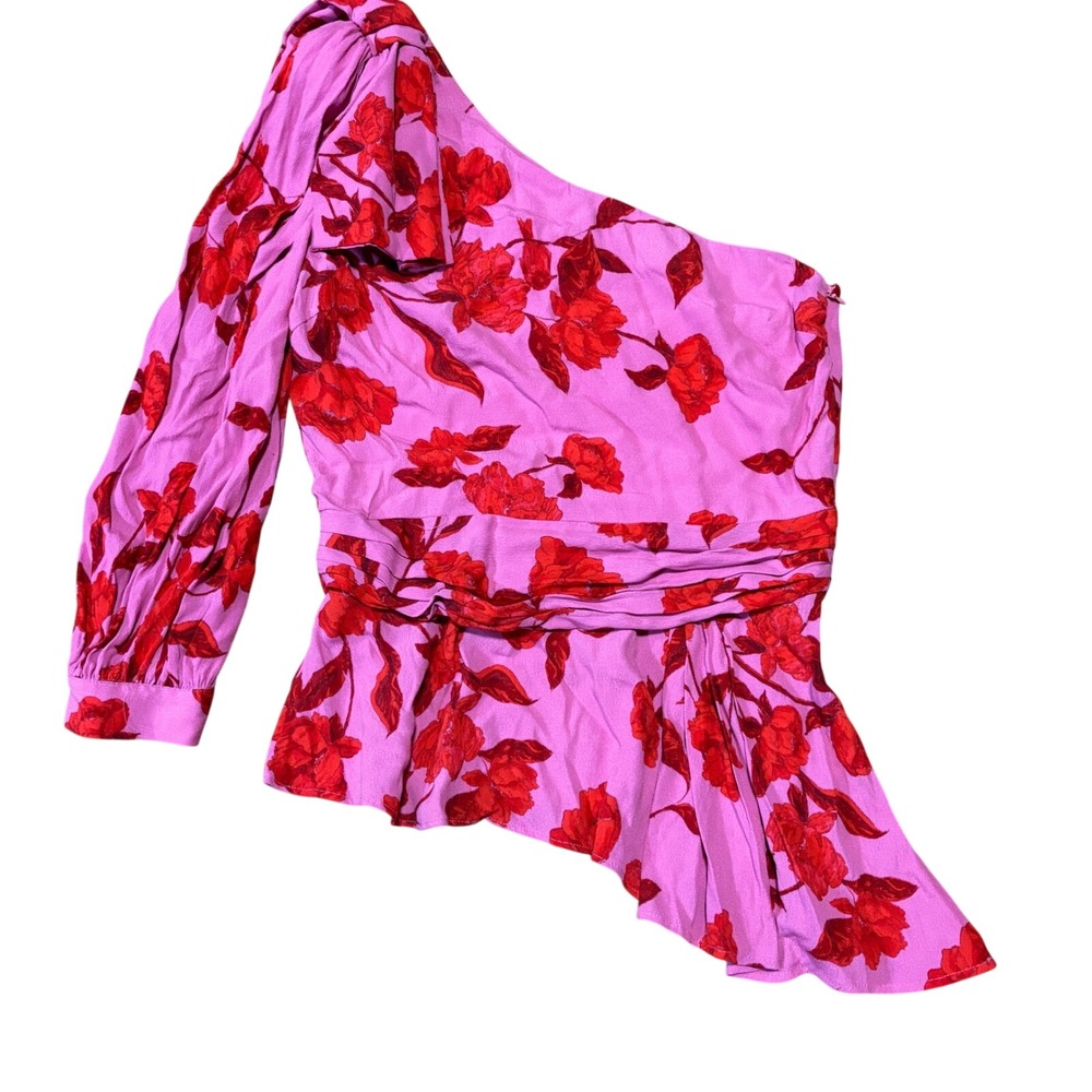 Karlie Hot Pink Floral Top‎ Flattering One Shoulder Blouse Party Asymmetrical Lg